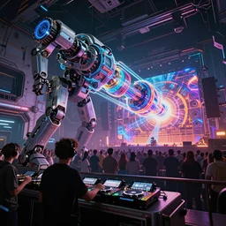 hologram dj rave in the interior of an international space station. giant robotic mech particle accelerator. huge music festival with wall of sound. photorealistic 35mm 4k octane render