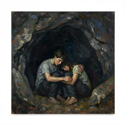 ben solo and rei holding each other in a large dark cave, tired, sad, muted colors, painted by krenz cushart, by joaquin sorolla rhads leyendecker, by ohara koson