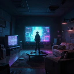 a cinematic illustration inside a ( ( ( ( ( ( ( cyberpunk ) ) ) ) ) ) ) low - ceiling studio apartment interior!!!!!! with a cyberpunk tv!!!! by josan gonzalez, a screenshot from the beautiful tech ( ( noir ) ) science fiction anime film about the lonely detective, in the anime film ergo proxy