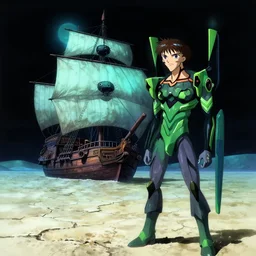 turquoise moonlight, a green pirate stands beside his wrecked full sail fifteenth century carrack at the bottom of a dried - up lake in an ivory desert beneath a vantablack sky, evangelion, kyoto animation still, intricately detailed features, digital painting, yoshiyuki sadamoto