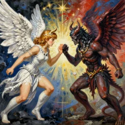 battle between good and evil , battle between angels and demons, psx game graphics , painting by Beksinski  and Moebius  and Takato Yamamoto, high resolution, ultra detailed