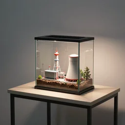 a terrarium with a nuclear power plant diorama inside on top of a minimalist table, lit from the side