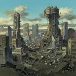 a desolate cyberpunk landscape with debris, by studio ghibli