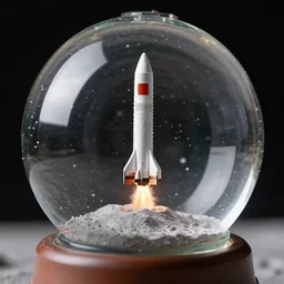 space rocket landing on the moon inside a snow globe