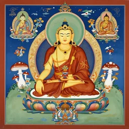 tibetan tantra art featuring monks worshipping magic mushrooms