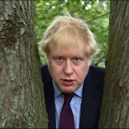 extremely derpy looking boris johnson peeking out from behind a tree, trailcam footage