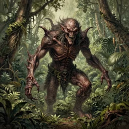 Intricate detailed scientific illustration, Terrifying and evil creature discovered in a tropical jungle, vintage,