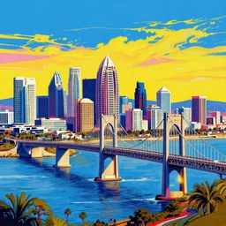 san diego skyline, coronado bridge, painted in peter max style, 8 k