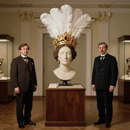 a wide full shot, russian and japanese mix 1 9 0 0 s historical fantasy of a photograph portrait taken of a royal gold leaf tiara with intertwined white feathers, photographic portrait, warm lighting, from an official photographer from the royal museum. displayed in a museum.