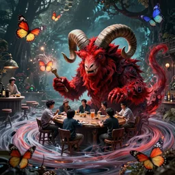a terrifying red dwarf with ram horns serving grog at a fantastical pub, floating cloth whirlpool, butterfly hard lighting ethereal horror fantasy art by and hajime sorayama, yukito kishiro, raymond swanland and monet, ruan jia, by wlop