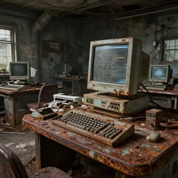 old rusty sci-fi computer lab abandoned , computer art, high detail,concept art,no noise,sci-fi,4k,octane render