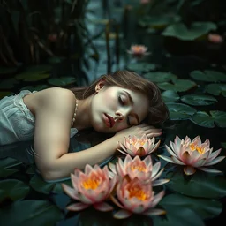 detailed cinematic moody colors studio portrait of a victorian young lady sleeping in a victorian pond, water lilies, ofelia inspired high quality by jeremy mann, only one head single portrait