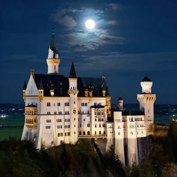 a night photo of neuschwanstein castle at night, moonlit, stars, partly cloudy, dslr