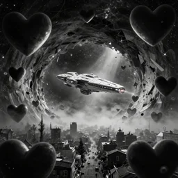 abstractified black and white hearts in a cosmic wormhole town overlooking from afar, the shredded oblivion unveils a clear view of a futurepunk starship in the style of tron legacy, hyperrealism, concept art, ominous, darksynth, neon magical vaporwave, thomas cole kinkade, fog in the trees, by edvard munch and denis villeneuve, dramatic lighting, 8 k octane render
