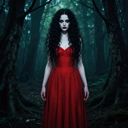 in the style of joshua middleton, artgerm, symmetrical face full body, pretty alyson hannigan full body, evil dead demon, evil dead movie, red dress, full body, symmetrical eyes, symmetrical face, long curly black hair, trees, symmetrical face, forest, full body, branches, full body, cinematic lighting, evil dead, scary, artgerm