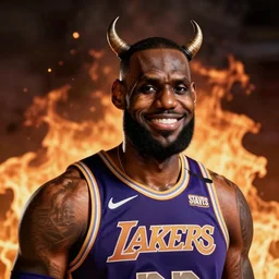 Lebron James smirking with devil horns, fire in the background,