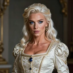 Platinum-blonde-haired blue-eyed princess, muscular, buff princess, royal jacket