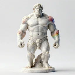 stylized rainbow bismuth ornate statue full body made of marble of burly surly brawny titan, perfect symmetrical body, perfect symmetrical face, hyper realistic, hyper detailed, by johannen voss, by michelangelo, octane render, blender, 8 k, displayed in pure white studio room