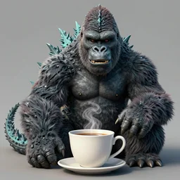 a portrait of godzilla and king kong sitting down 1 8 a cup of tea digital concept art