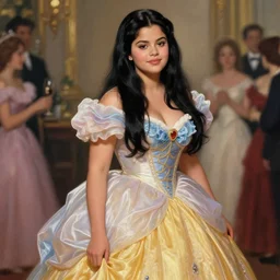 beautiful thirty year old woman with long black hair, tan skin, curvy hourglass figure, round cute face, slightly resembles selena gomez wearing a colorful disney princess gown at her birthday party. beautiful painting by bouguereau and artgerm and greg rutkowski