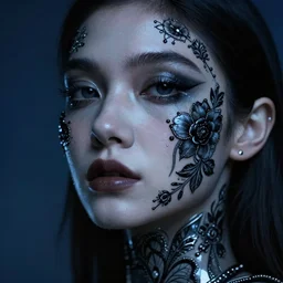 hyperrealistic hyper detailed neo-surreal close-up 35mm portrait of cyborg covered in rococo black flower tattoos matte painting concept art hannah yata very dramatic dark blue lighting low angle hd 8k sharp shallow depth of field