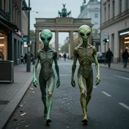 Aliens walking on a street in Berlin, dark atmosphere, detailed, cinematic, highly detailed, golden ratio, 8k,