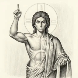gigachad benediction, muscles, pointing to heaven, pencil art, holy iconography