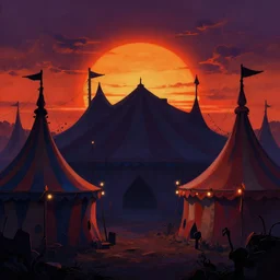 beautiful matte painting silhouette of dark colorfull evil circus tents and carnival, dramatic sunset, Moebius, frank frazetta, james gurney, thomas kinkade, rodney mathews, beeple, trending on artstation