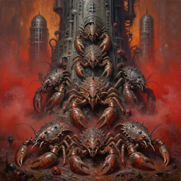 fine art oil painting varied muck jeweled, filthy, doubled, spiked, rugated armored crustaceans, stacked random, tiered, clawing & terrified as massive brutalist structures, claustrophobic cilia sporing pox, final battle failure, red mustard gas fog, by alex nino, francesco blanc, geof darrow, h r giger, bisley
