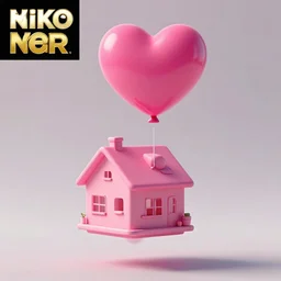 a 5 0 mm lens photograph of a cute pink floating modern house in the air, held up by a singular heart shaped vibrant ballon, inspired by the movie up. mist, playful composition canon, nikon, award winning, photo of the year