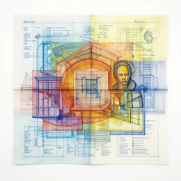 An abstract artwork made of layered colored architectural plans and blueprints, with dimensions, titleblocks and section bubbles drawn by Rupi Kaur and Leonardo da Vinci and Kim Jung Gi,