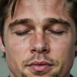 portrait of brad pitt eyes closed with visible tear drops coming from his eyes, hyper detailed, realistic