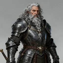 elderly female feminine bearded dwarven heavyset fighter with curly long grey hairstyle, her full beard is long and plaited style, she has wrinkled skin and is wearing full black platemail armor with intricate slight gold trim by rossdraws, tryptic format