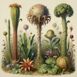 beautiful rendering of exotic plants by daniel merriam and moebius and martin johnson heade, xenoplanet by roger dean and moebius, mantra rendering, matte painting, high detailed, 4 k, trending on artstation