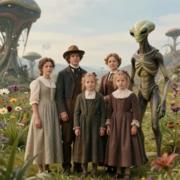 still from a sci fi blockbuster movie made in 2022, set in 1860, of a family standing next to some strange wild alien plants and flowers, family are wearing 1850s era clothes, a humanoid alien standing nearby, in a park on a strange alien planet, good lighting, 4k, in focus faces, detailed faces, good photography, oscar winner, 35mm macro lens