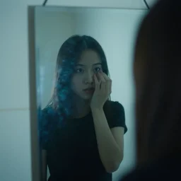 [ [ [ first person perspective ] ] ], me looking in the mirror with a ghost behind me