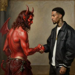 a renaissance painting of the devil with his hann behind his back giving a handshake to a modern day rapper, ultra detailed, realistic