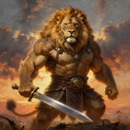 oversized muscular mighty lion as barbarian with chest armor and sword in epic pose , very textured detailed oil painting panoramic backlight portrait by rembrandt, backlight, dramatic clouds ,sunset