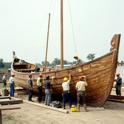 A group of construction workers building a monumental boat in the year 1968