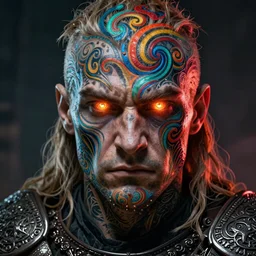 full face tattoo epic portrait, slavic warrior glowing eyes, elden ring, matte painting concept art, midjourney, beautifully backlit, swirly vibrant color lines, fantastically gaudy, cinematic aesthetic octane render, 8 k hd resolution, by ilya kuvshinov and darius zawadzki and zdizslaw beksinski