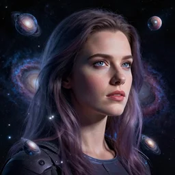 woman portrait made out of galaxies floating in space, highly detailed, beautiful, realistic, comic book art, octane render