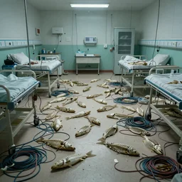 Hospital ward floor scattered with hundreds of fish skeletons , decimated barren rooms littered with emerging wires and cables that grow like plants , full colour , upscale , 4k