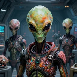 dead bodies of aliens brainsuckers warriors inside the control room of ufo, vivid colours, perfect face, cyberpunk, fine details, studio lighting, subtle shadows, art by katsuya terada, photorealism, hyper realism, octane render, hyper detailed, canon eos r 3, f / 1. 4, iso 2 0 0, 1 / 1 6 0 s, medium shot, 8 k, raw, unedited, in - frame,