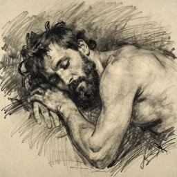 drawing sketch of a dying man, by Ilya Repin, charcoal, chalk, 20th century russian academic art, detailed, spontaneous linework