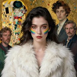 portrait of woman with rainbow face in white fur coat, cynical realism, peter furguson painterly, yoshitaka amano, miles johnston, moebius, beautiful lighting, miles johnston, klimt, tendrils, in the style of, louise zhang, victor charreton, james jean, two figures, terrence malick