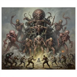 oil paint of 1 1 horrifying machines as mollusk wearing flayed gods in tiers, colossal medical gangrene machines in tiers, dethroning / we machines / melee, battle pit, by shigeru komatsuzaki, by alberto bontempi, basil gogos, wayne d barlowe, stefano tamburini, torch light, muted colors, epic, hyper detailed,