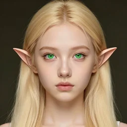 Blonde long straight haired girl, diamond shaped face, green eyes , small nose , small mouth, big forehead, elf ears