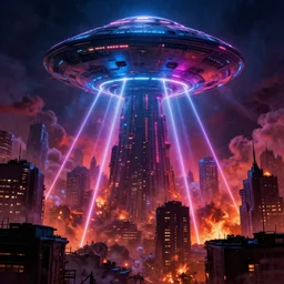 Horrifying UFO invasion of a futuristic, dystopian city, lazer beams, halo effect, neon lighting, fire, hyper-realistic clouds , total destruction blade runner themed dystopian gloomy city at night in the style of Mark Riddick and Rob Gonsalves, award winning album cover artwork, ,perfect composition, psychedelic, UHD, 8K High Definition, grain, gradient, noise, octane render