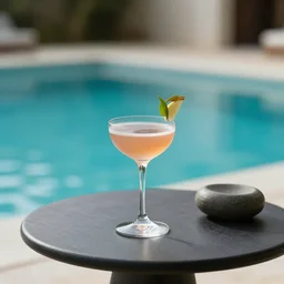 5 5 mm photo of best long cocktail on a zen minimalist table with luxury pool in the background. highly detailed 8 k. intricate. lifelike. soft light,