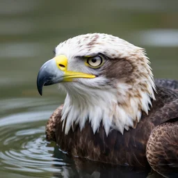 a close up shot of an eagle's face in the water
